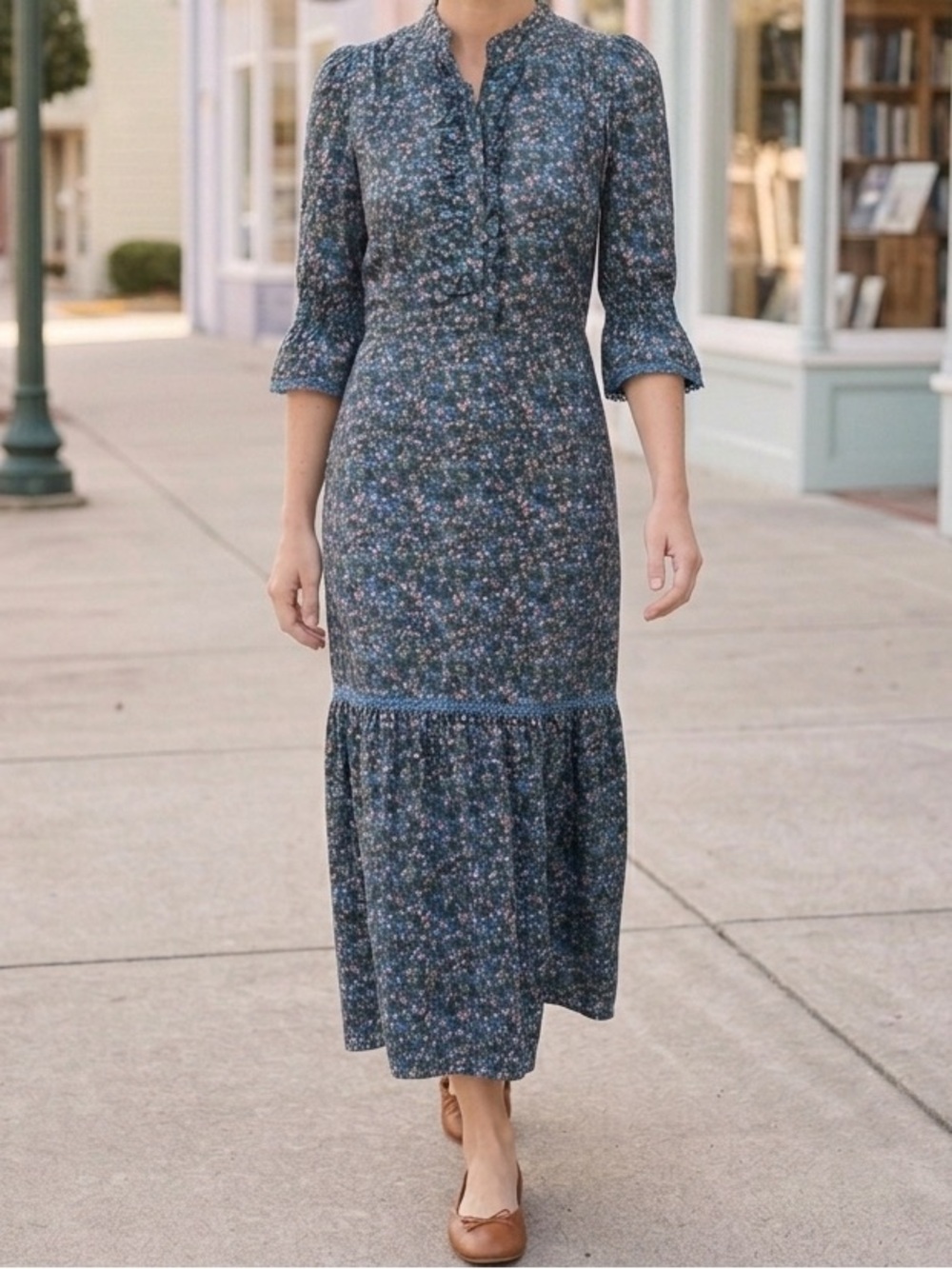Wyse London Alina Maxi Dress Blue Floral Tiered Liberty Style US4 Modest Prairie